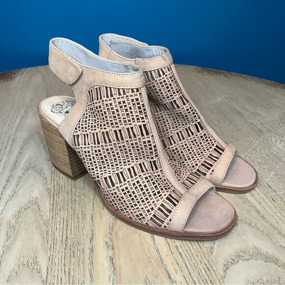 Vince Camuto Keannie Block Heel Leather Perforated Cage Sandals Tan Women’s 8 - Picture 1 of 11